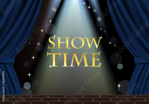 Illustration of a stage illuminated by a dark blue curtain and spotlights. Text. Vector illustration.