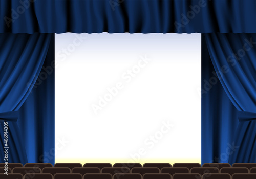 Dark blue curtain and illustration of the stage. White screen. Vector illustration.