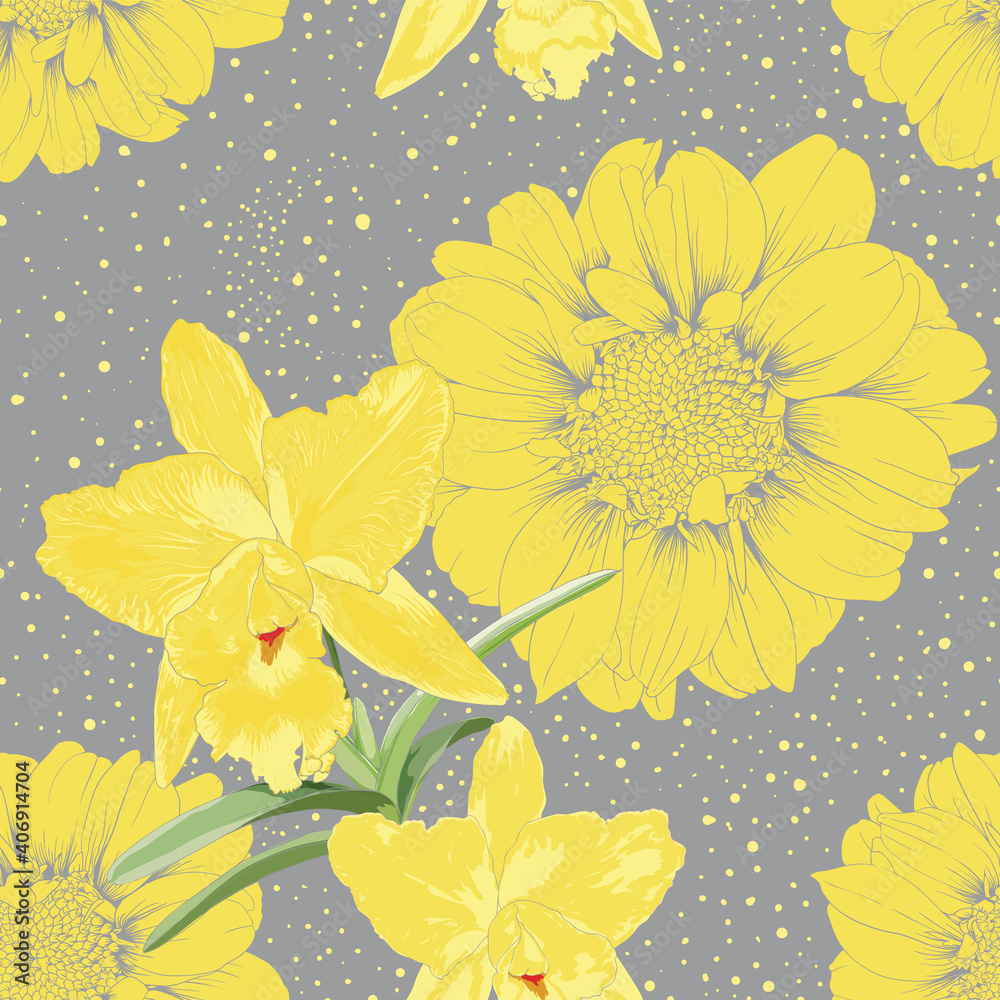 Seamless pattern yellow vintage Zinnia and Orchid flowers gray color abstract background.Vector illustration hand drawn.floral fabric print design