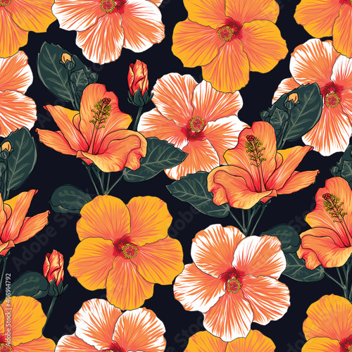 Seamless pattern floral with Hibiscus flowers on isolated dark background.Vector illustration hand drawn.For fabric design or product packaging.