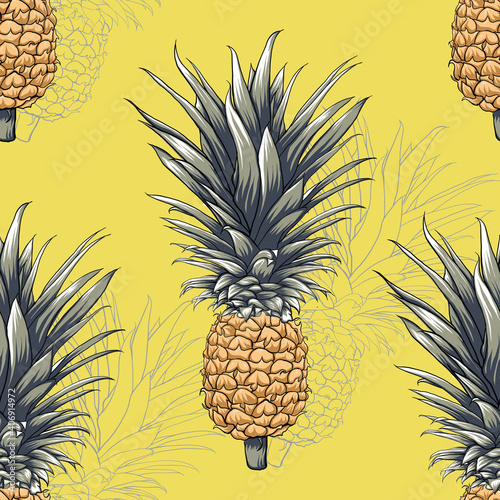 Seamless pattern yellow vintage Pineapple fruit abstract background.Vector illustration hand drawn.Fabric print and packaging design.
