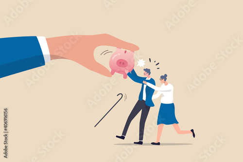 Protect retirement pension money from fraud, ponzi scheme or cost and tax that impact retiree investment fund concept, senior grandparent couple pull back their piggy bank money from thief hand.