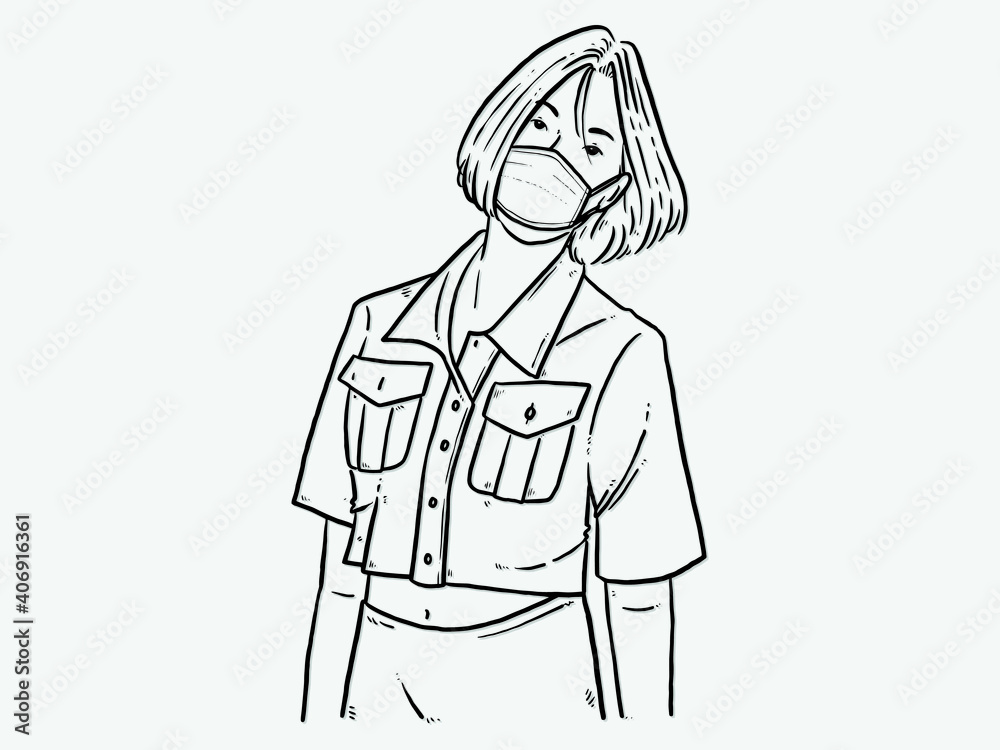 Woman standing with tilted neck. Wear a mask. New normal. Human character on white background. Hand drawn style vector design illustrations.