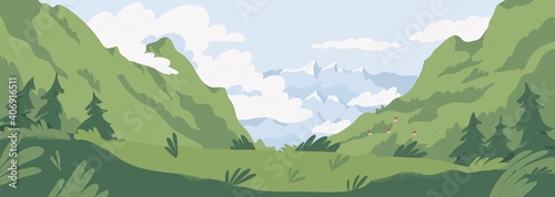 Scenic summer landscape with mountains covered with green grass and trees. Panoramic view of distant mounts range and cloudy sky. Picturesque nature scene. Colored flat textured vector illustration