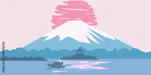 Fuji Mountain sunrise landscape Japan panorama. Lake sun boat Asian temple