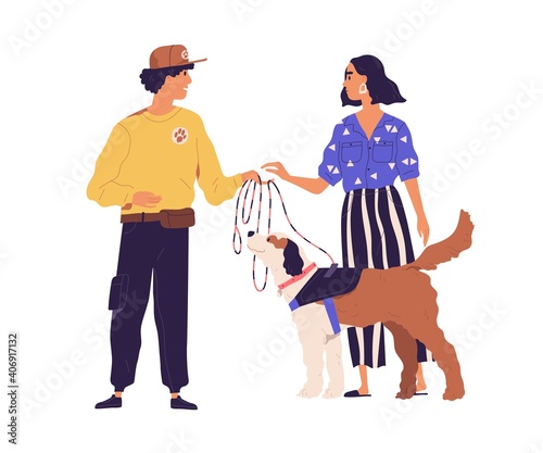 Professional dog walker from pet walking service getting animal from owner. Colored flat vector illustration isolated on white background