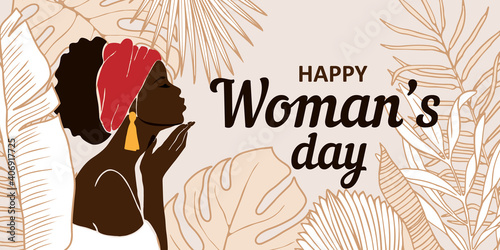 Abstract female profile portrait. Beautiful African American, in the background a large tropical leaf. Modern design valentine's day, international women's day, mother's day.