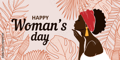 Abstract female profile portrait. Beautiful African American, in the background a large tropical leaf. Modern design valentine's day, international women's day, mother's day.