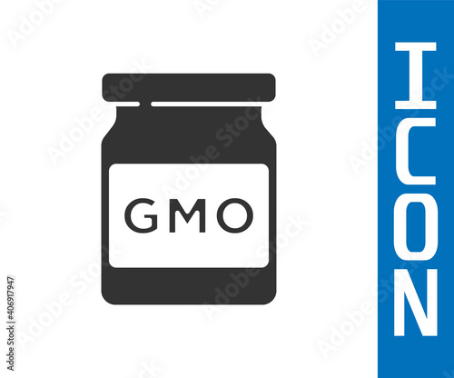 Grey GMO icon isolated on white background. Genetically modified organism acronym. Dna food modification. Vector.