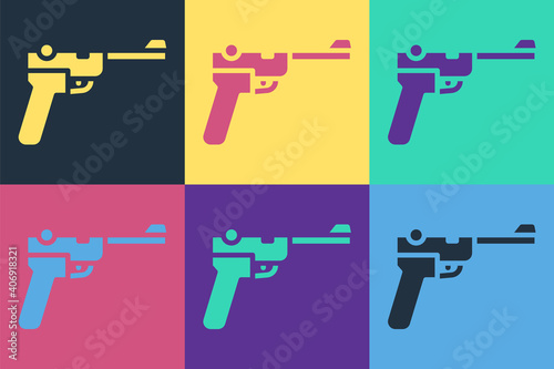 Pop art Mauser gun icon isolated on color background. Mauser C96 is a semi-automatic pistol. Vector.