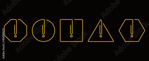 Set of hazard attention sign with exclamation mark in 5 different shapes in yellow	
