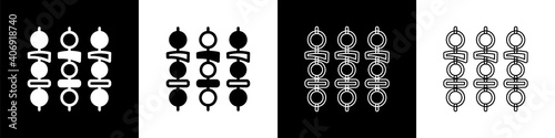 Set Grilled shish kebab on skewer stick icon isolated on black and white background. Meat kebab on skewer stick. Picnic with grilled meat. Vector.