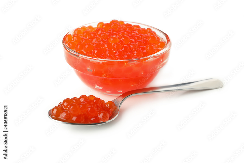 Glass bowl and spoon with caviar isolated on white background Glass bowl and spoon with caviar isolated on white background