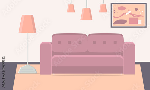 Pink sofa with picture in living room. Flat style vector.