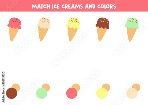 Color matching game for kids. Match ice cream cones and colors.