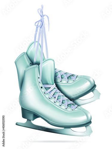 Figure skates hanging on laces, realistic. Symbol of Christmas and rink shoes isolated on white background. Women's figure skates for wolking at the ice. Vector illustration