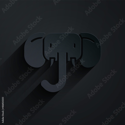 Paper cut Elephant icon isolated on black background. Paper art style. Vector.