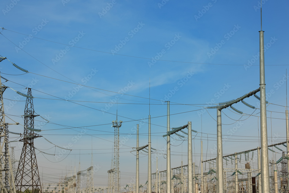Modern electrical substation outdoors on sunny day Modern electrical substation outdoors on sunny day