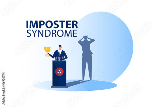 Imposter syndrome.man standing for her present profile with fear shadow behind. Anxiety and lack of self confidence at work; the person fakes is someone else concept