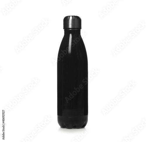 Modern closed black thermo bottle isolated on white