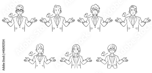 両手を広げてため息をつくビジネスマンとビジネスウーマンの上半身のセット　線画
