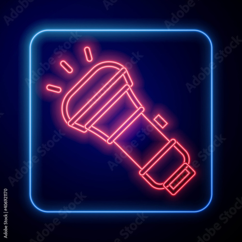 Glowing neon Flashlight icon isolated on blue background. Vector.