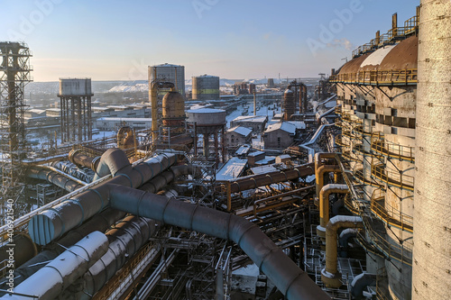 Blast furnace shop of the metallurgical plant. Winter industrial landscape.