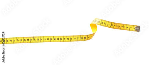 New yellow measuring tape isolated on white, top view