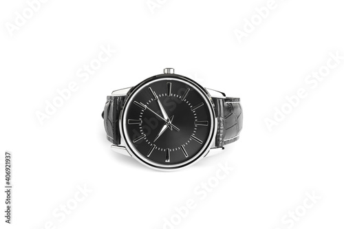 Black luxury watch with leather band isolated on white
