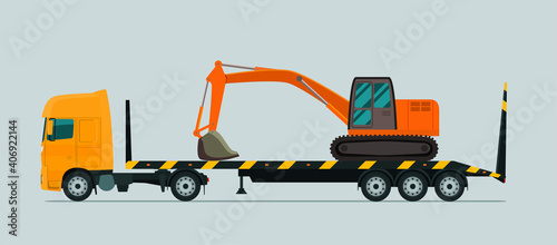 Excavator transported by trailer truck isolated. Vector flat illustration.