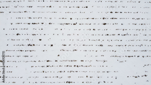 Aerial top view of a corn field covered by snow, creating horizontal line patterns in Kanata, ottawa. Ottawa, Ontario, Canada