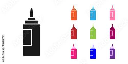 Black Sauce bottle icon isolated on white background. Ketchup, mustard and mayonnaise bottles with sauce for fast food. Set icons colorful. Vector.