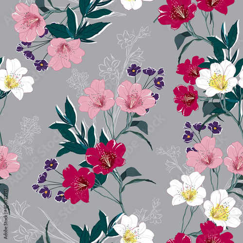 Trendy  Floral pattern in the many kind of flowers. Tropical botanical  Motifs scattered random. Seamless vector texture. Printing with in hand drawn style