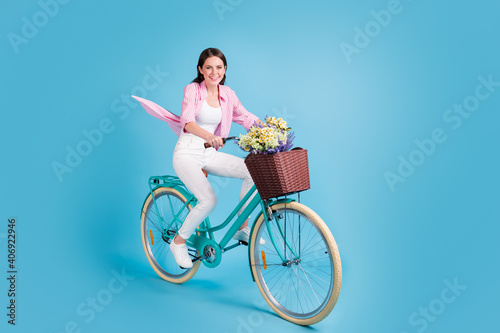 Photo portrait of girl riding bicycle with wild flowers in front basket isolated on pastel blue colored background