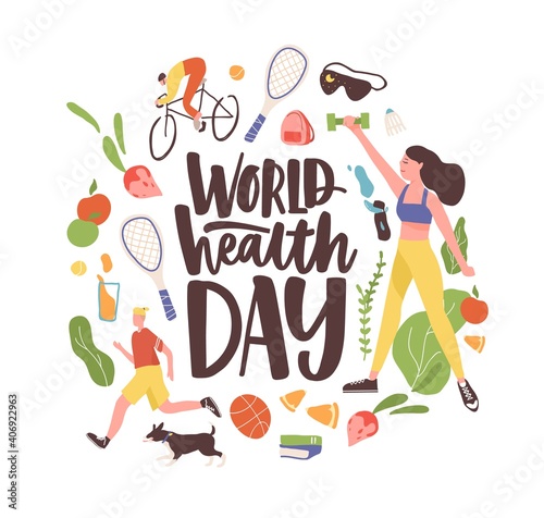 World Health Day inscription with bundle of elements and characters of healthy life. People exercising, running, riding bike. Colored flat vector illustration isolated on white background