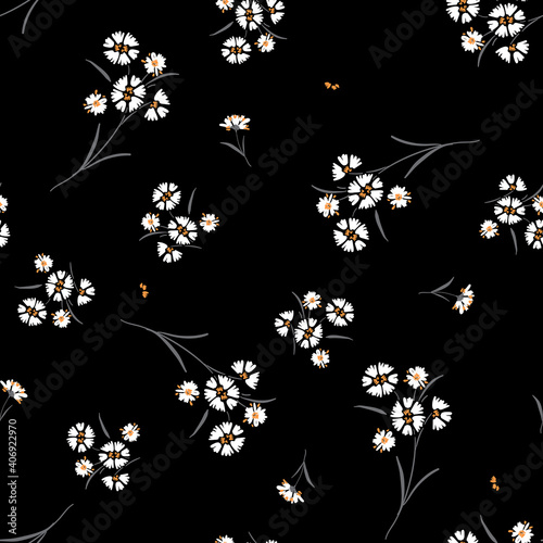 Free hand daisy floral in small scale print seamless pattern  vector on black ,Design for fashion , fabric, textile, wallpaper, cover, web , wrapping