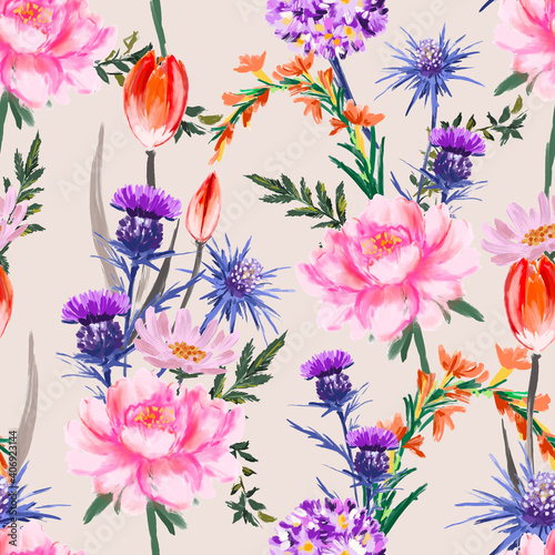 Artistic flower hand painted soft and gentle mood seamless pattern blooming floral in many kind og flowers vector EPS10 ,Design for all graphic prints type