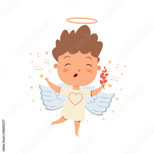 Cute cupid boy character singing with flowers. Happy Valentine's day vector illustration. Cute baby angel. Adorable child with wings in cartoon style. Romantic concept. Angelic beings on white 