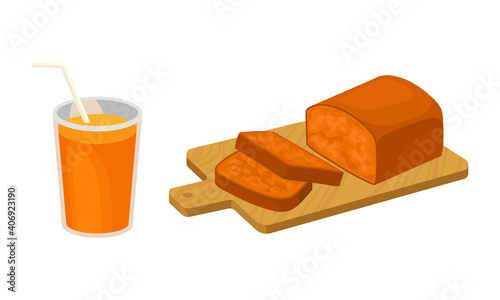 Sliced Sweet Pumpkin Muffin and Juice in Glass with Straw Vector Set