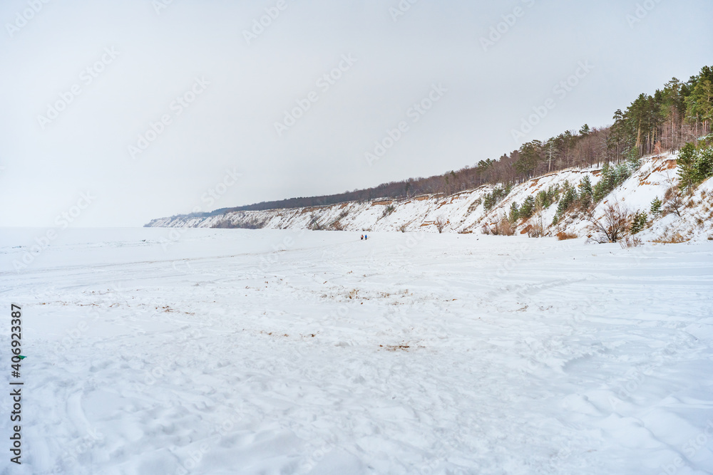 Frozen Volga River, winter landscape