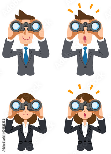 双眼鏡を覗くスーツを着た男性と女性
