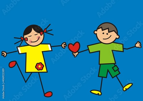 Valentine's day, girl and boy with red heart, funny vector illustration