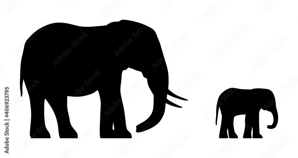Black silhouettes of standing elephant and calf isolated on white background. Vector illustration Black silhouettes of standing elephant and calf isolated on white background. Vector illustration