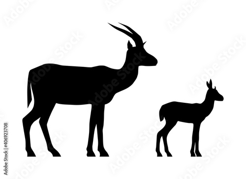 Black silhouettes of standing gazelle and calf isolated on white background. Vector illustration