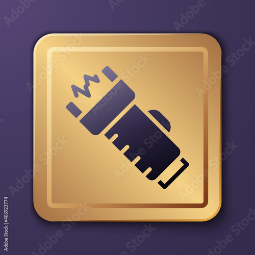 Purple Police electric shocker icon isolated on purple background. Shocker for protection. Taser is an electric weapon. Gold square button. Vector.