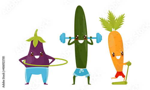 Funny Vegetables Doing Sport and Physical Exercise Vector Set