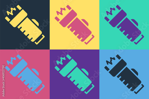 Pop art Police electric shocker icon isolated on color background. Shocker for protection. Taser is an electric weapon. Vector.