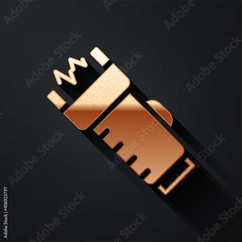 Gold Police electric shocker icon isolated on black background. Shocker for protection. Taser is an electric weapon. Long shadow style. Vector.