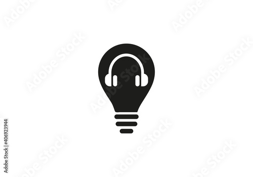 Headphone logo template with bulb concept. Headphones with microphone and sound waves beats, concept