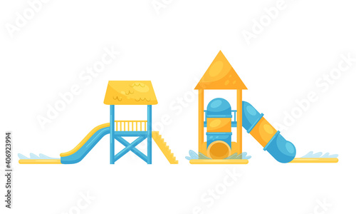 Water Slides and Water Playgrounds as Waterpark or Amusement Park Elements Vector Set